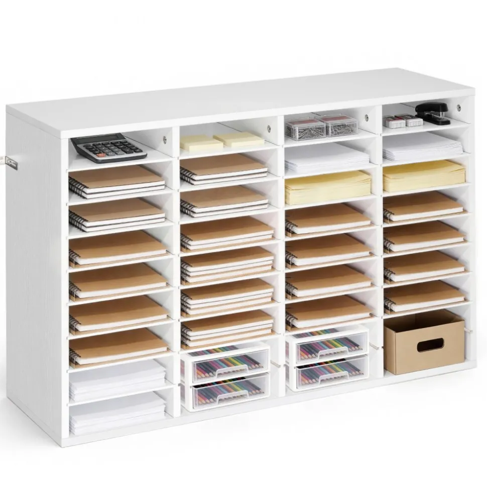 VEVOR Literature Organizer, 36 Compartments Office Mailbox with Detachable Shelves, Wooden Mailbox Sorter with Particle Board, Countertop Office Home Storage Organizer for File, Document, Paper, White