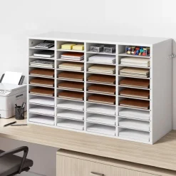 VEVOR Literature Organizer, 36 Compartments Office Mailbox with Detachable Shelves, Wooden Mailbox Sorter with Particle Board, Countertop Office Home Storage Organizer for File, Document, Paper, White
