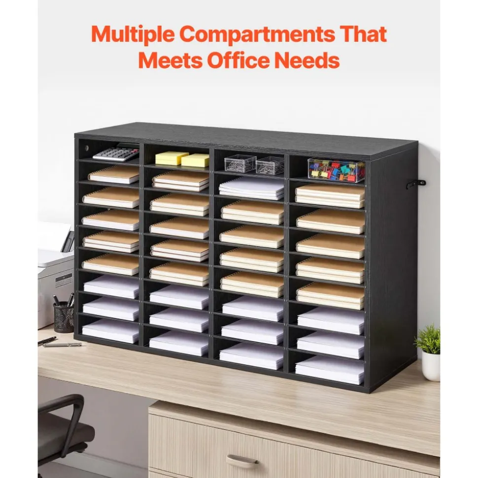 VEVOR Literature Organizer, 36 Compartments Office Mailbox with Detachable Shelves, Wooden Mailbox Sorter with Particle Board, Countertop Office Home Storage Organizer for File, Document, Paper, Black