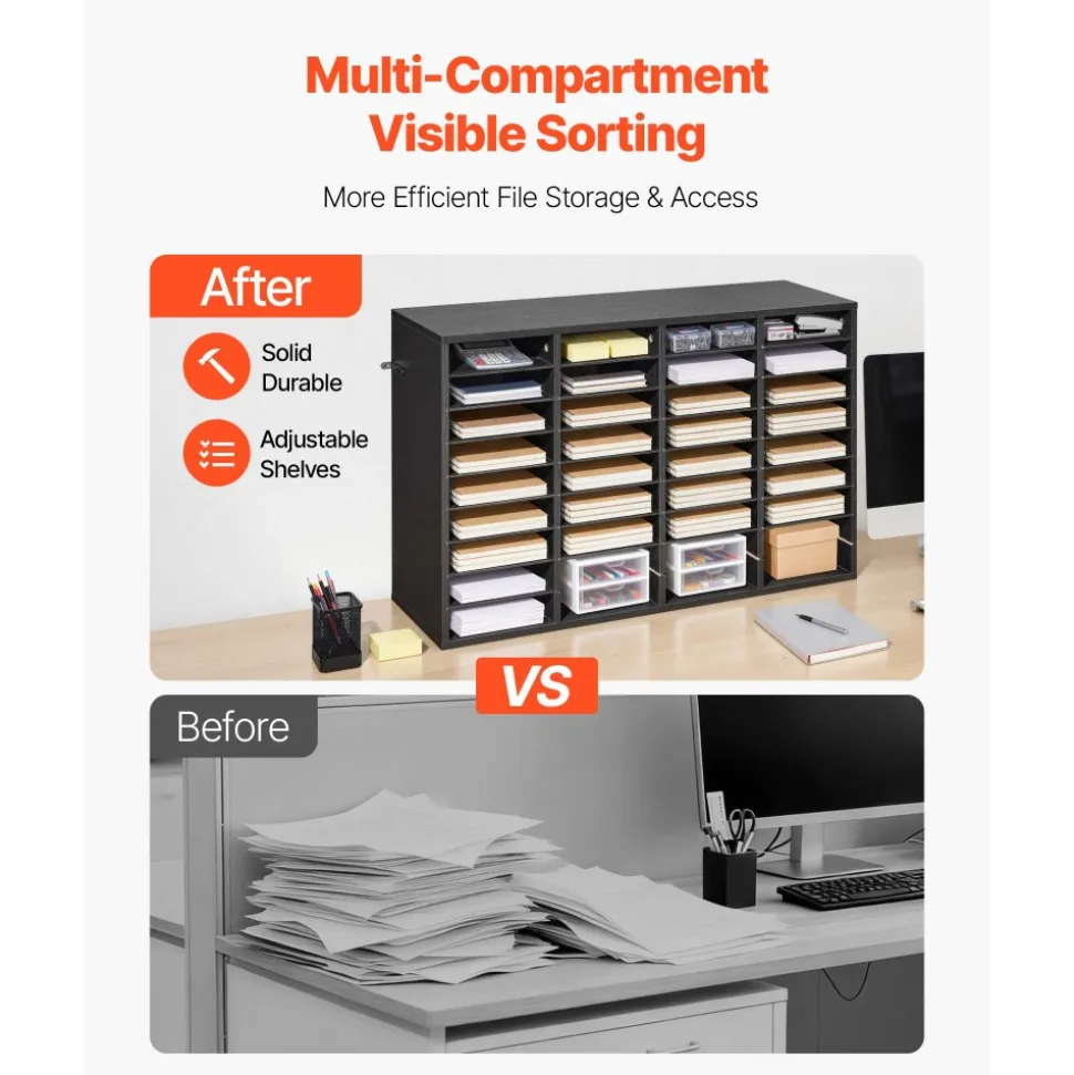 VEVOR Literature Organizer, 36 Compartments Office Mailbox with Detachable Shelves, Wooden Mailbox Sorter with Particle Board, Countertop Office Home Storage Organizer for File, Document, Paper, Black