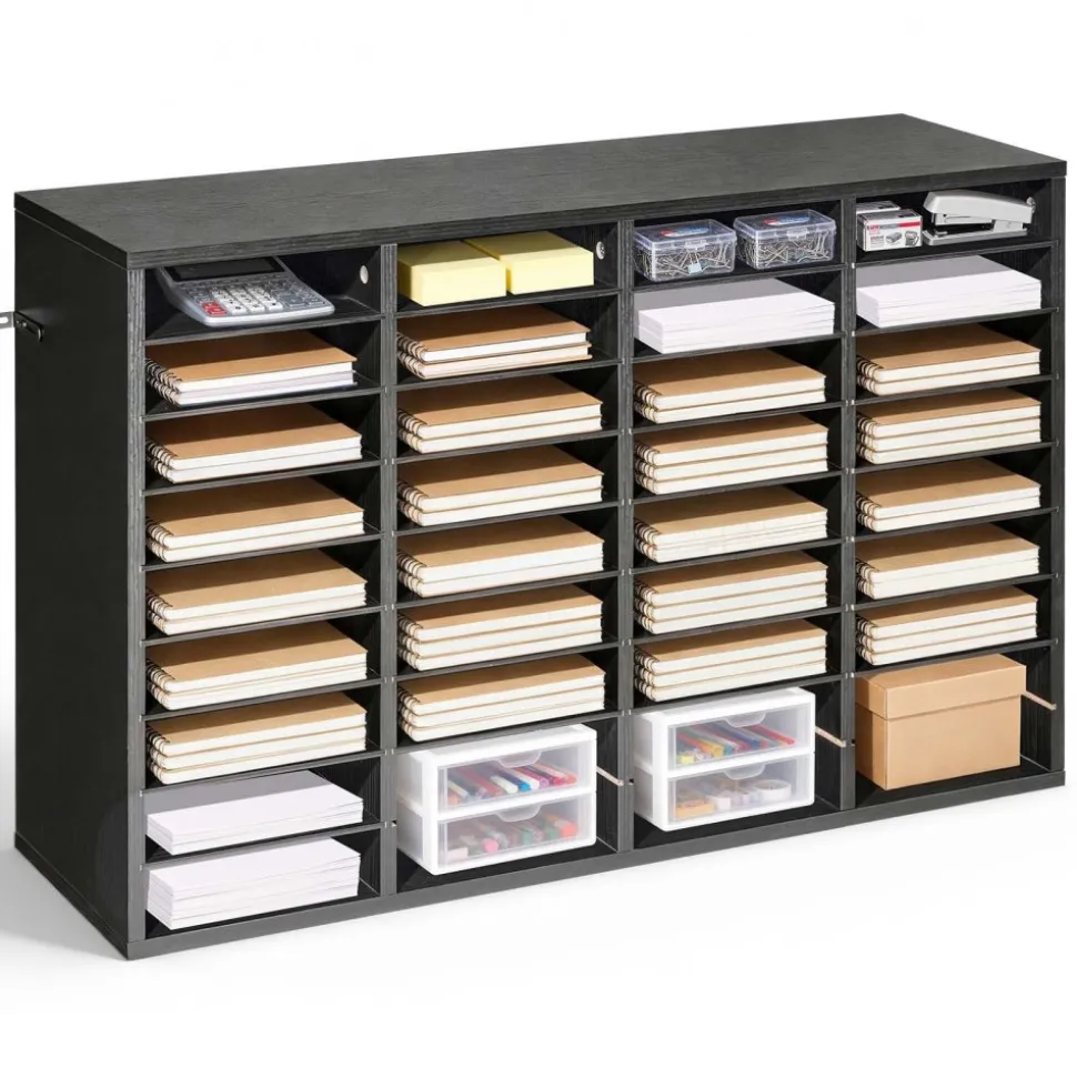VEVOR Literature Organizer, 36 Compartments Office Mailbox with Detachable Shelves, Wooden Mailbox Sorter with Particle Board, Countertop Office Home Storage Organizer for File, Document, Paper, Black