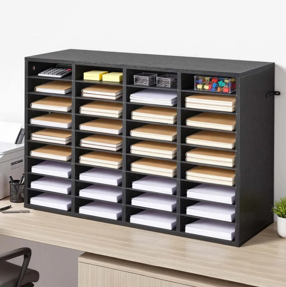 VEVOR Literature Organizer, 36 Compartments Office Mailbox with Detachable Shelves, Wooden Mailbox Sorter with Particle Board, Countertop Office Home Storage Organizer for File, Document, Paper, Black