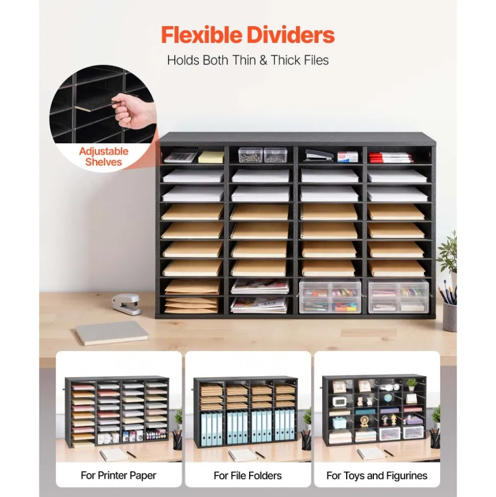 VEVOR Literature Organizer, 36 Compartments Office Mailbox with Detachable Shelves, Wooden Mailbox Sorter with Particle Board, Countertop Office Home Storage Organizer for File, Document, Paper, Black