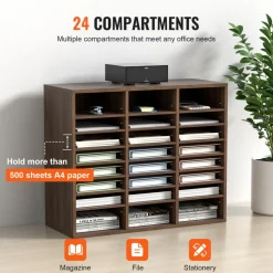 VEVOR Literature Organizers, 24 Compartments Office Mailbox with Adjustable Shelves, Wood Literature Sorter 29x12x24.4 inches for Office, Home, Classroom, Mailrooms Organization, EPA Certified, Brown