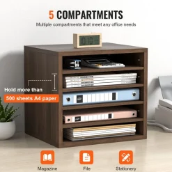 VEVOR Literature Organizers, 5 Compartments Office Mailbox with Adjustable Shelves, Wood literature sorter 13.9x12x13 inches for Office, Home, Classroom, Mailrooms Organization, EPA Certified, Brown
