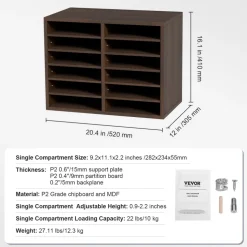 VEVOR Literature Organizers, 12 Compartments Office Mailbox with Adjustable Shelves, Wood Literature Sorter 20.4x12x16.1 inches for Office, Home, Classroom, Mailrooms Organization, EPA Certified Brown