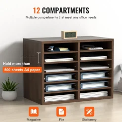 VEVOR Literature Organizers, 12 Compartments Office Mailbox with Adjustable Shelves, Wood Literature Sorter 20.4x12x16.1 inches for Office, Home, Classroom, Mailrooms Organization, EPA Certified Brown