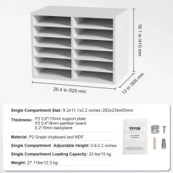 VEVOR Literature Organizers, 12 Compartments Office Mailbox with Adjustable Shelves, Wood Literature Sorter 20.4x12x16.1 inches for Office, Home, Classroom, Mailrooms Organization, EPA Certified White