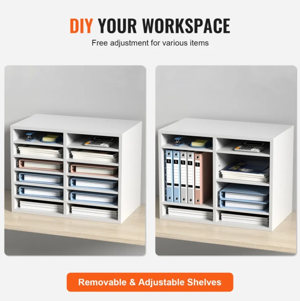 VEVOR Literature Organizers, 12 Compartments Office Mailbox with Adjustable Shelves, Wood Literature Sorter 20.4x12x16.1 inches for Office, Home, Classroom, Mailrooms Organization, EPA Certified White
