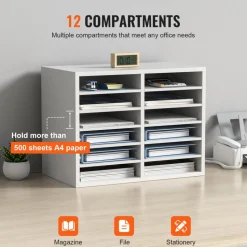 VEVOR Literature Organizers, 12 Compartments Office Mailbox with Adjustable Shelves, Wood Literature Sorter 20.4x12x16.1 inches for Office, Home, Classroom, Mailrooms Organization, EPA Certified White