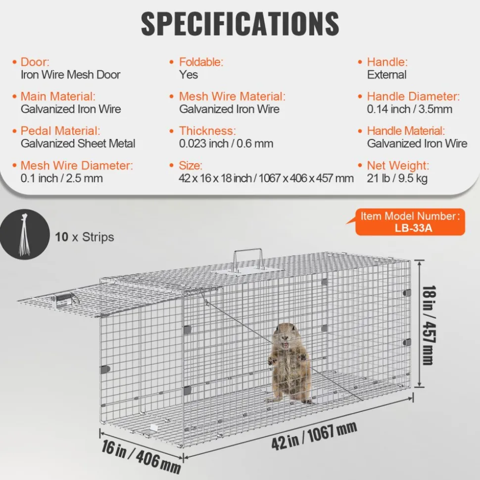 VEVOR Live Animal Cage Trap, 42" x 16" x 18" Humane Cat Trap Galvanized Iron, Folding Animal Trap with Handle for Stray Dogs, Armadillos, Raccoons, Marmots, Foxes