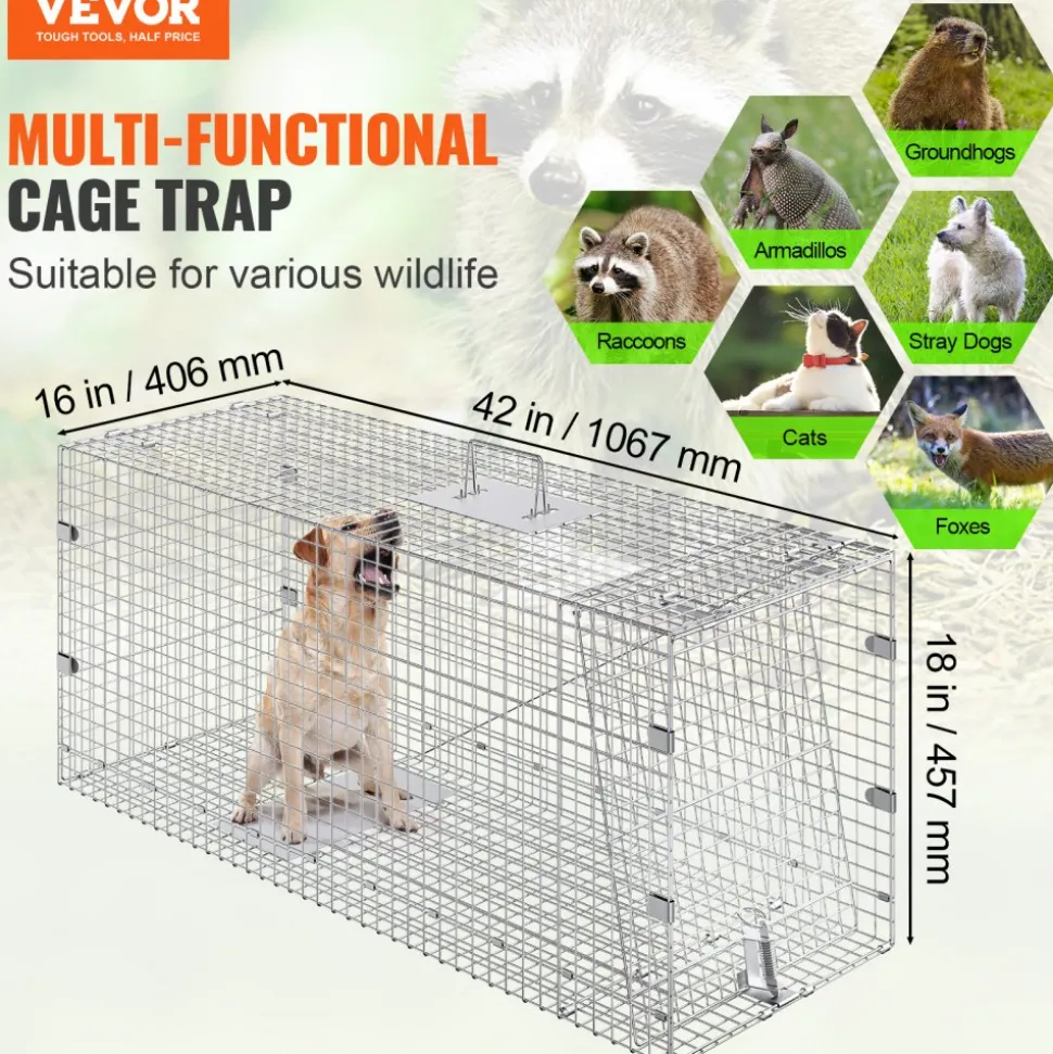 VEVOR Live Animal Cage Trap, 42" x 16" x 18" Humane Cat Trap Galvanized Iron, Folding Animal Trap with Handle for Stray Dogs, Armadillos, Raccoons, Marmots, Foxes