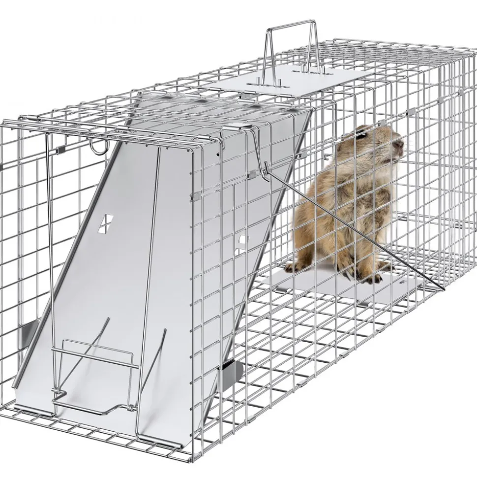 VEVOR Live Animal Cage Trap, 24" x 8" x 8" Humane Cat Trap Galvanized Iron, Folding Animal Trap with Handle for Rabbits, Stray Cats, Squirrels, Raccoons, Groundhogs and Opossums