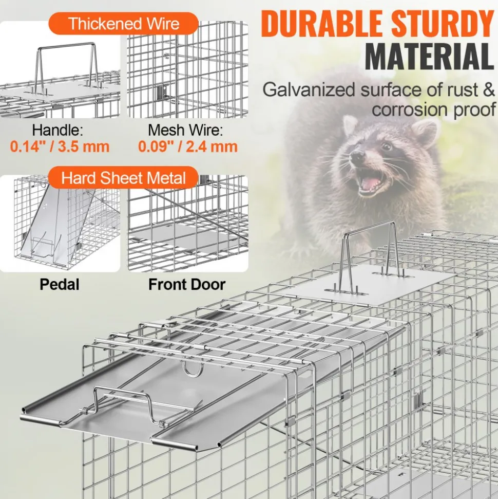 VEVOR Live Animal Cage Trap, 24" x 8" x 8" Humane Cat Trap Galvanized Iron, Folding Animal Trap with Handle for Rabbits, Stray Cats, Squirrels, Raccoons, Groundhogs and Opossums
