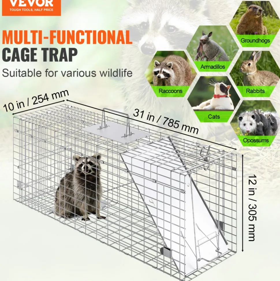 VEVOR Live Animal Cage Trap, 24" x 8" x 8" Humane Cat Trap Galvanized Iron, Folding Animal Trap with Handle for Rabbits, Stray Cats, Squirrels, Raccoons, Groundhogs and Opossums