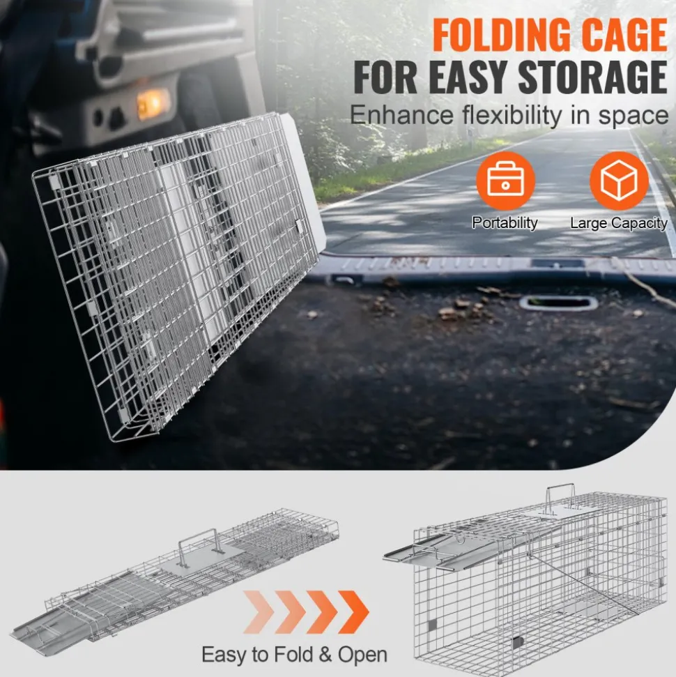 VEVOR Live Animal Cage Trap, 24" x 8" x 8" Humane Cat Trap Galvanized Iron, Folding Animal Trap with Handle for Rabbits, Stray Cats, Squirrels, Raccoons, Groundhogs and Opossums