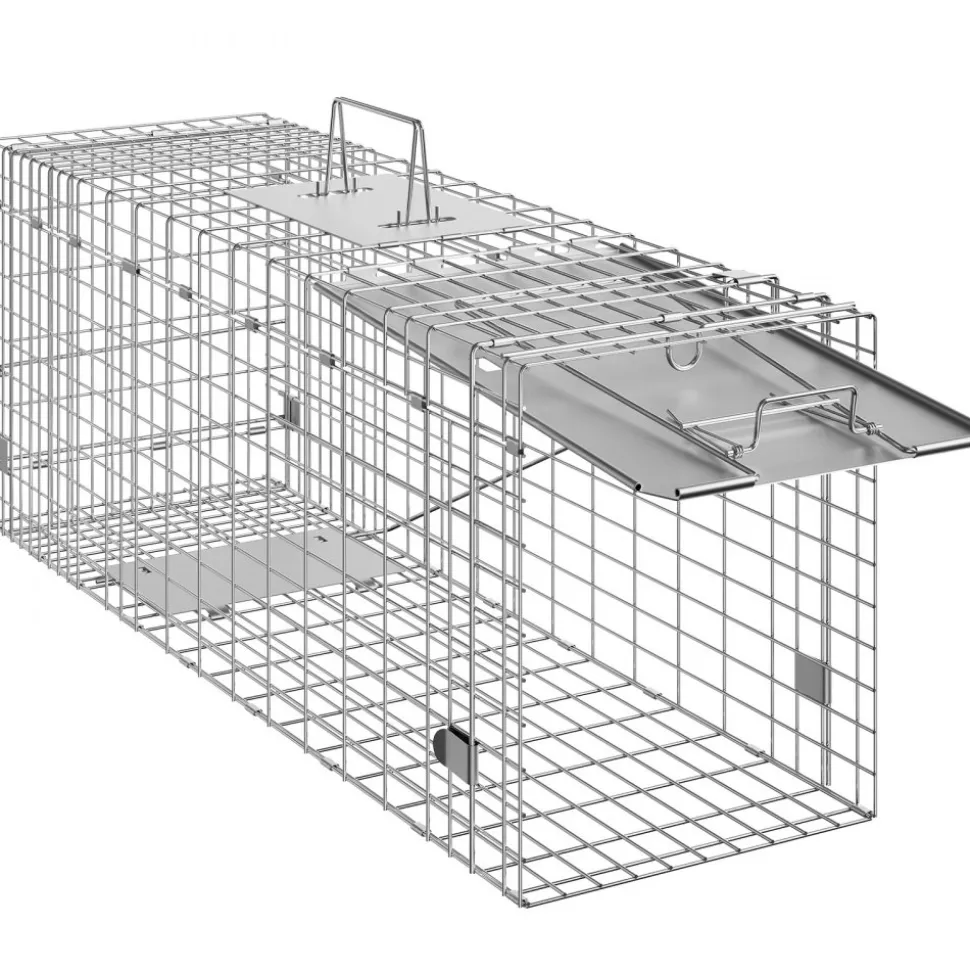 VEVOR Live Animal Cage Trap, 24" x 8" x 8" Humane Cat Trap Galvanized Iron, Folding Animal Trap with Handle for Rabbits, Stray Cats, Squirrels, Raccoons, Groundhogs and Opossums