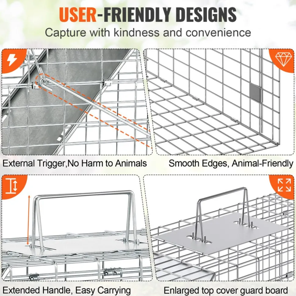 VEVOR Live Animal Cage Trap, 24" x 8" x 8" Humane Cat Trap Galvanized Iron, Folding Animal Trap with Handle for Rabbits, Stray Cats, Squirrels, Raccoons, Groundhogs and Opossums