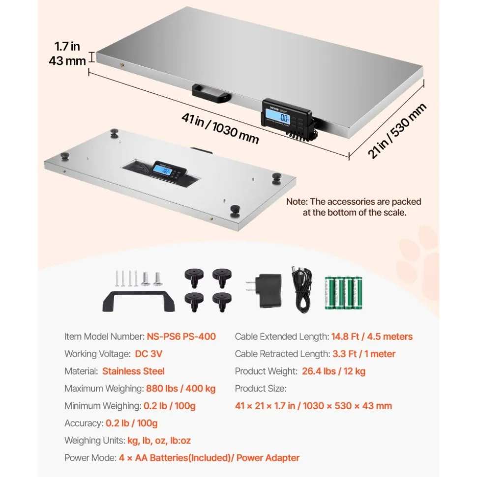 VEVOR Livestock Scale 700LBS, Dog Scales Large Platform 40.6x20.9Inch Stainless Steel Vet Scale Industrial Floor Scale Large Animal Scale Pig Scale Goat Weight Scale Pet Digital Scale