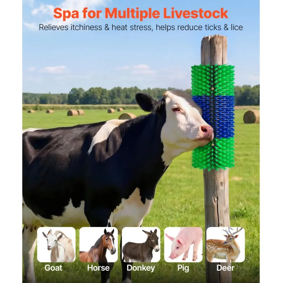 VEVOR Livestock Scratching Brush, 2PCS Goat Scratcher Brush Post with 8 Screws, 16.9" x 7.5" Cow Scratcher for Back Itch Relief, Massage Grooming Scratch Tool for Horse Cattle Sheep Pig, Green & Blue