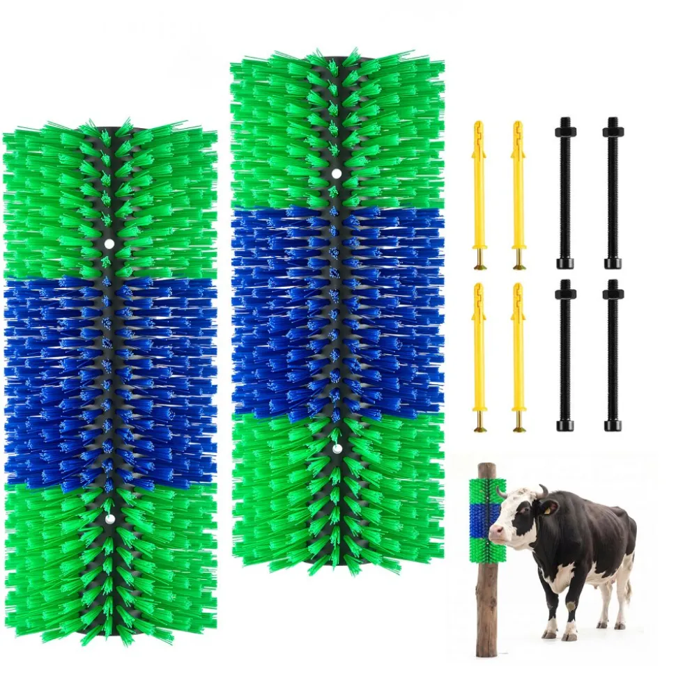 VEVOR Livestock Scratching Brush, 2PCS Goat Scratcher Brush Post with 8 Screws, 16.9" x 7.5" Cow Scratcher for Back Itch Relief, Massage Grooming Scratch Tool for Horse Cattle Sheep Pig, Green & Blue