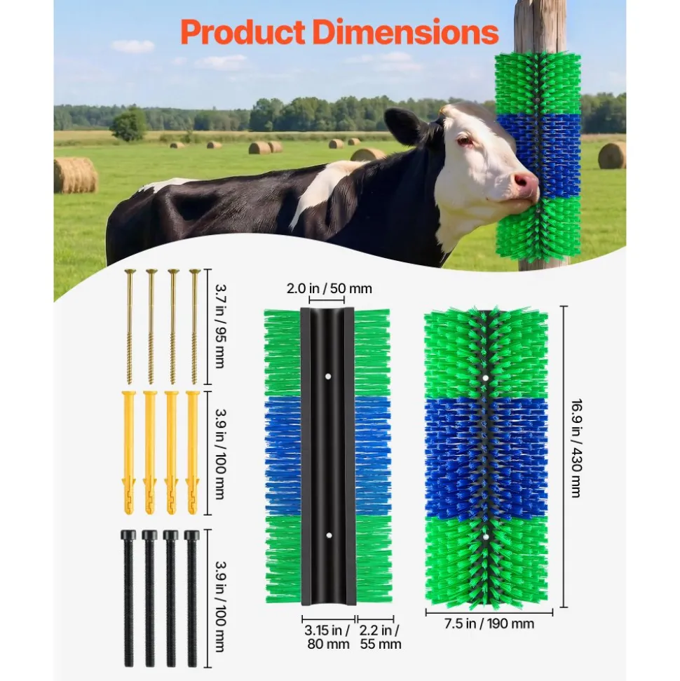 VEVOR Livestock Scratching Brush, 2PCS Goat Scratcher Brush Post with 8 Screws, 16.9" x 7.5" Cow Scratcher for Back Itch Relief, Massage Grooming Scratch Tool for Horse Cattle Sheep Pig, Green & Blue