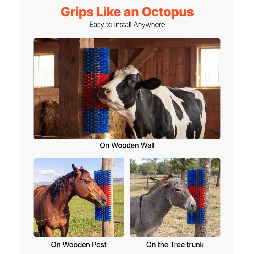 VEVOR Livestock Scratching Brush, 4PCS Goat Scratcher Brush Post with 16 Screws, 16.9"x3.9" Cow Scratcher for Back Itch Relief, Massage Grooming Scratch Tool for Horse Cattle Sheep Pig, Yellow & Blue