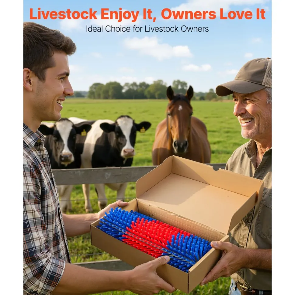VEVOR Livestock Scratching Brush, 4PCS Goat Scratcher Brush Post with 16 Screws, 16.9"x3.9" Cow Scratcher for Back Itch Relief, Massage Grooming Scratch Tool for Horse Cattle Sheep Pig, Yellow & Blue