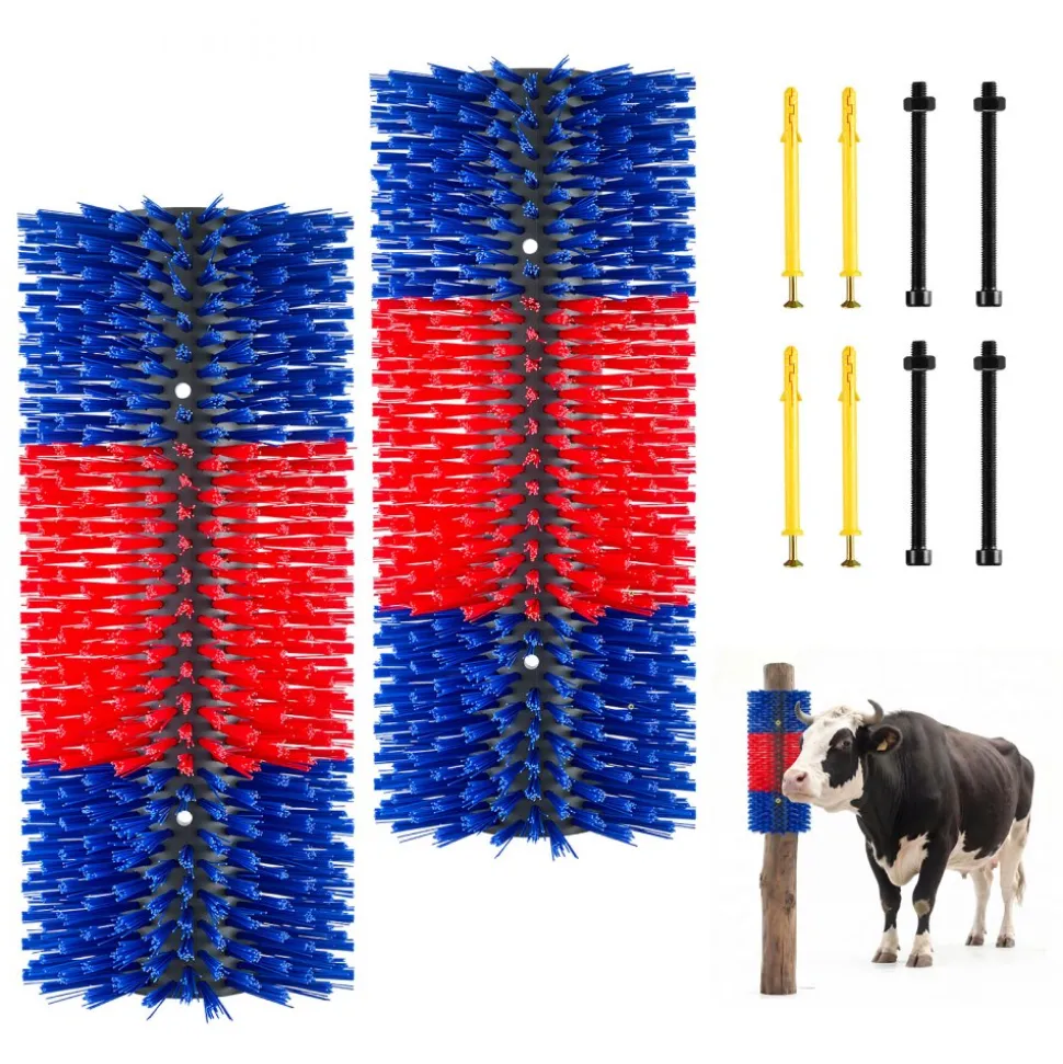 VEVOR Livestock Scratching Brush, 4PCS Goat Scratcher Brush Post with 16 Screws, 16.9"x3.9" Cow Scratcher for Back Itch Relief, Massage Grooming Scratch Tool for Horse Cattle Sheep Pig, Yellow & Blue