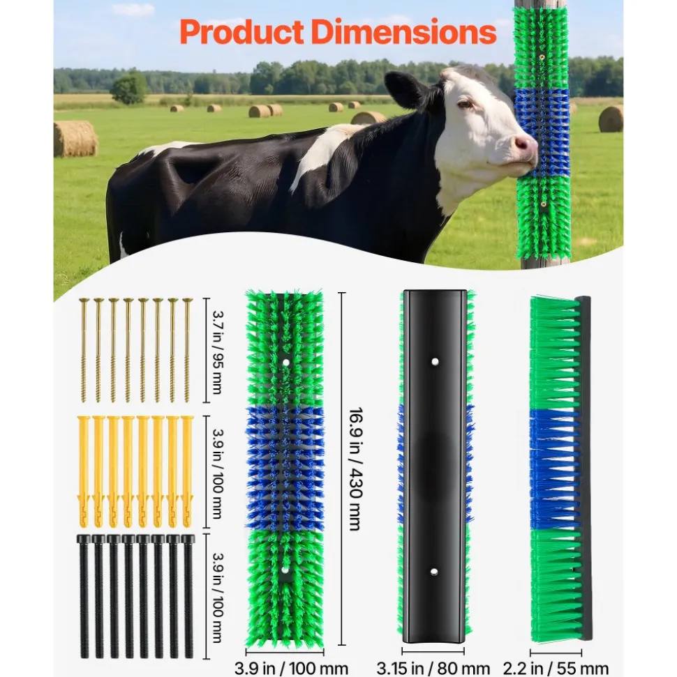 VEVOR Livestock Scratching Brush, 4PCS Goat Scratcher Brush Post with 16 Screws, 16.9" x 3.9" Cow Scratcher for Back Itch Relief, Massage Grooming Scratch Tool for Horse Cattle Sheep Pig, Green & Blue