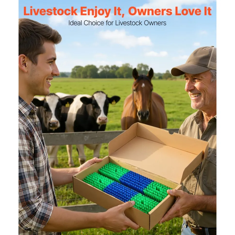 VEVOR Livestock Scratching Brush, 4PCS Goat Scratcher Brush Post with 16 Screws, 16.9" x 3.9" Cow Scratcher for Back Itch Relief, Massage Grooming Scratch Tool for Horse Cattle Sheep Pig, Green & Blue