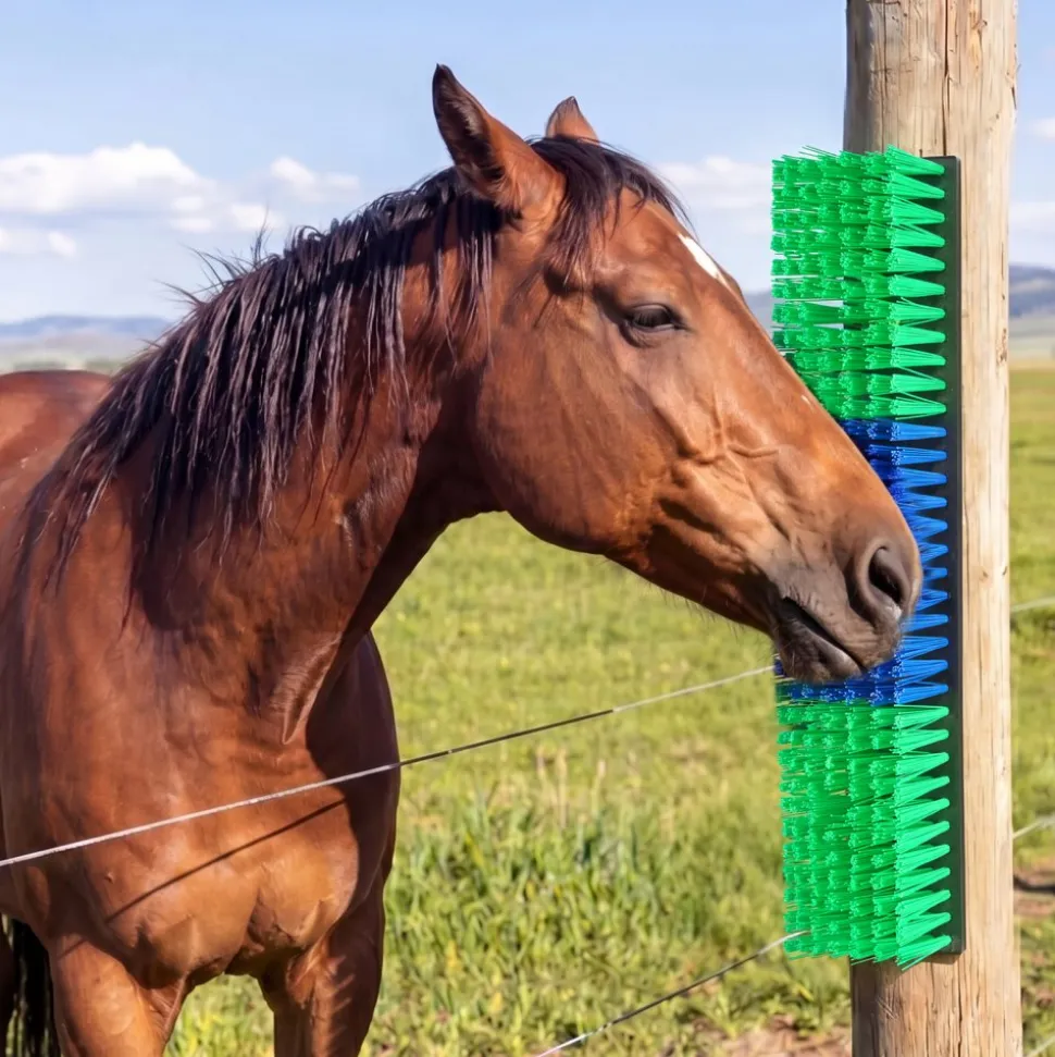 VEVOR Livestock Scratching Brush, 4PCS Goat Scratcher Brush Post with 16 Screws, 16.9" x 3.9" Cow Scratcher for Back Itch Relief, Massage Grooming Scratch Tool for Horse Cattle Sheep Pig, Green & Blue