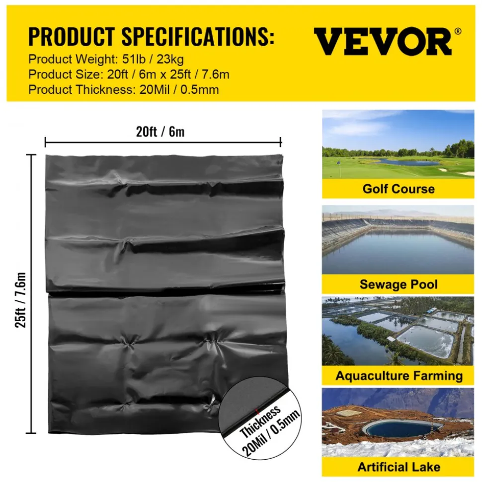 VEVOR LLDPE Pond Liner 20x25 ft, Pond Liner 20 Mil, Fish Pond Liners for Waterfall, Pond and Fish Ponds