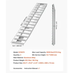 VEVOR Loading Ramps, 2 Pcs 72 x 15 in, Durable Aluminum and Heavy-Duty Trailer Ramp Set with Anti-Slip Plates, 6000 Lbs Combined Capacity, for Carts, Farm Tractors, ATVs, Lawn Mowers, Motorcycles