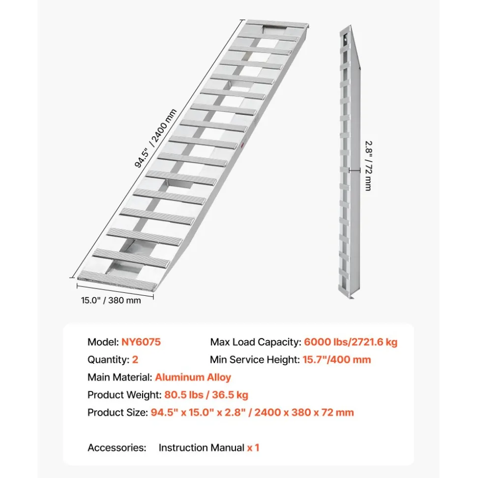 VEVOR Loading Ramps, 2 Pcs 72 x 15 in, Durable Aluminum and Heavy-Duty Trailer Ramp Set with Anti-Slip Plates, 6000 Lbs Combined Capacity, for Carts, Farm Tractors, ATVs, Lawn Mowers, Motorcycles