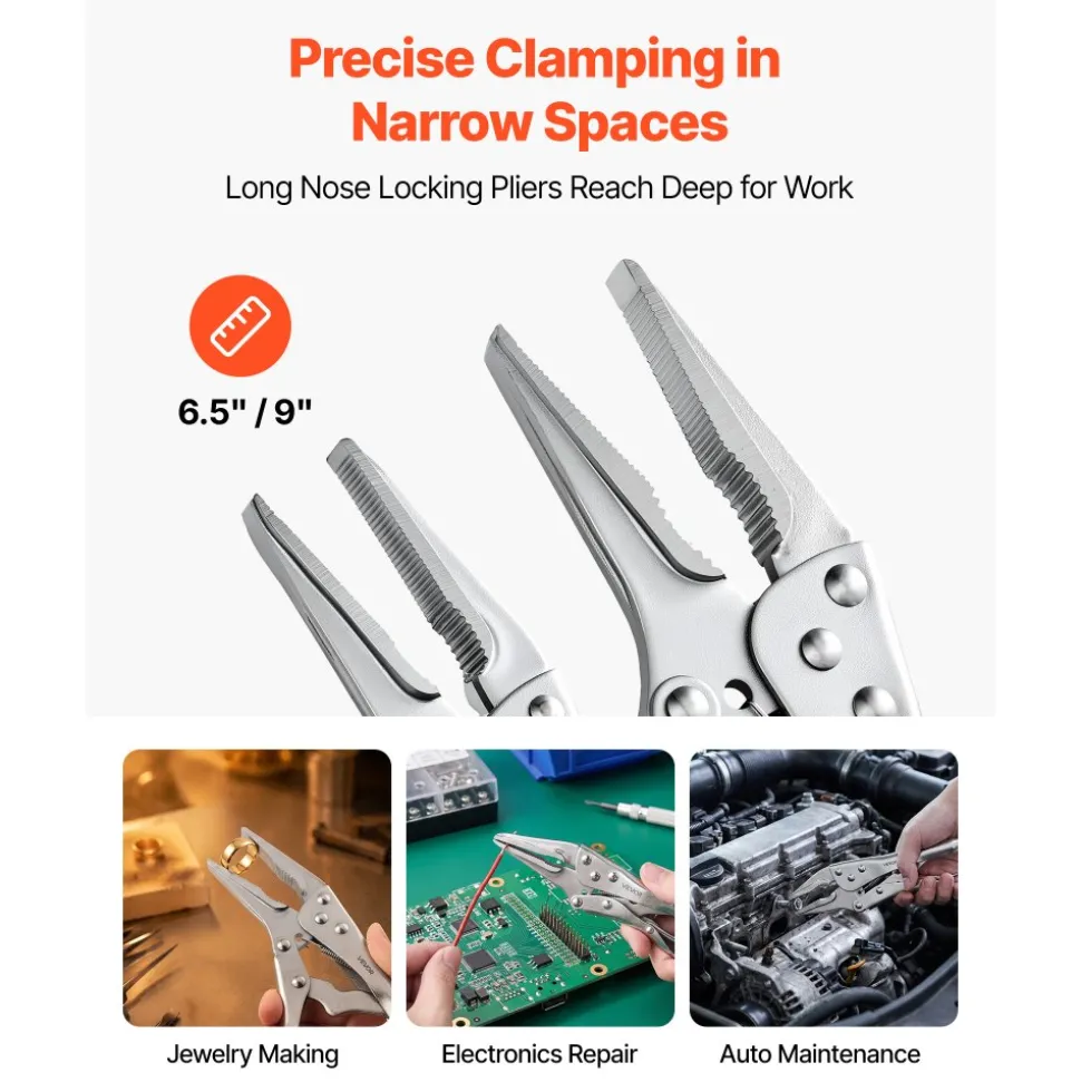 VEVOR Locking Pliers Set 5-Piece Pliers Tool Set Nickel-Plated Carbon Steel, Hand Tools for DIY & Home Use, 5"/7"/10" Curved Jaw, 6.5"/9" Long Nose, Ergonomic Non-Slip Handles, Adjustable Jaw Opening