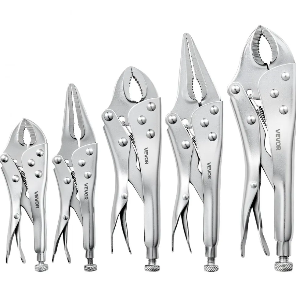 VEVOR Locking Pliers Set 5-Piece Pliers Tool Set Nickel-Plated Carbon Steel, Hand Tools for DIY & Home Use, 5"/7"/10" Curved Jaw, 6.5"/9" Long Nose, Ergonomic Non-Slip Handles, Adjustable Jaw Opening