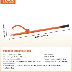 VEVOR Log Peavey, 46.5 in, Metal Handle Log Lifter, Heavy Duty Log Roller with Max 19 in Opening, Rust-Resistant Log Jack Cant Hook, Felling Log Roller Tool for Rolling, Raising, Turning Logs