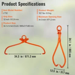 VEVOR Log Skidding Tongs, 32 inch 2 Claw Log Lifting Tongs, Heavy Duty Steel Lumber Skidding Tongs, 1543 lbs/700 kg Loading Capacity, Log Lifting, Handling, Dragging & Carrying Tool