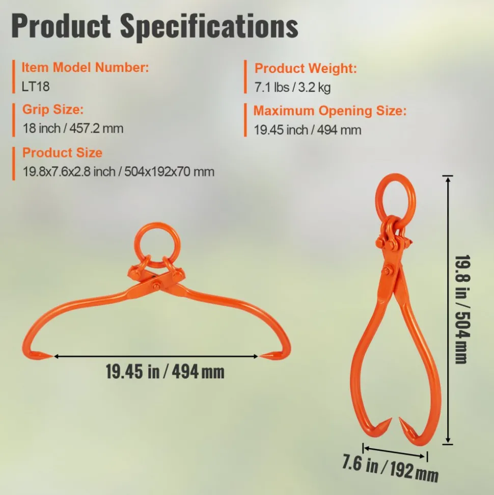 VEVOR Log Skidding Tongs, 18 inch 2 Claw Log Lifting Tongs, Heavy Duty Steel Lumber Skidding Tongs, 772 lbs/350 kg Loading Capacity, Log Lifting, Handling, Dragging & Carrying Tool