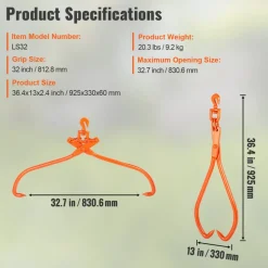 VEVOR Log Skidding Tongs, 32 inch 2 Claw Log Lifting Tongs, Heavy Duty Rotating Steel Lumber Skidding Tongs, 1543 lbs/700 kg Loading Capacity, Log Lifting, Handling, Dragging & Carrying Tool
