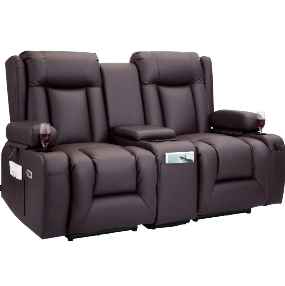 VEVOR Loveseat Recliner Sofa, Power Reclining Couch with Heating & Massage and Timer, PU Leather Electric Recliner Sofa with Center Console, USB Ports, Cup Holders and Side Bags for Living Room