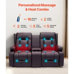 VEVOR Loveseat Recliner Sofa, Power Reclining Couch with Heating & Massage and Timer, PU Leather Electric Recliner Sofa with Center Console, USB Ports, Cup Holders and Side Bags for Living Room