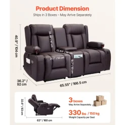 VEVOR Loveseat Recliner Sofa, Power Reclining Couch with Heating & Massage and Timer, PU Leather Electric Recliner Sofa with Center Console, USB Ports, Cup Holders and Side Bags for Living Room