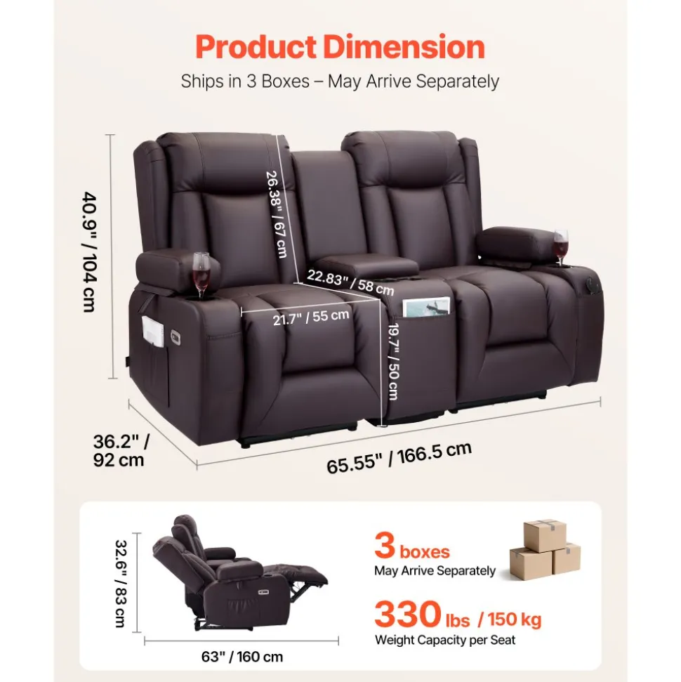 VEVOR Loveseat Recliner Sofa, Power Reclining Couch with Heating & Massage and Timer, PU Leather Electric Recliner Sofa with Center Console, USB Ports, Cup Holders and Side Bags for Living Room