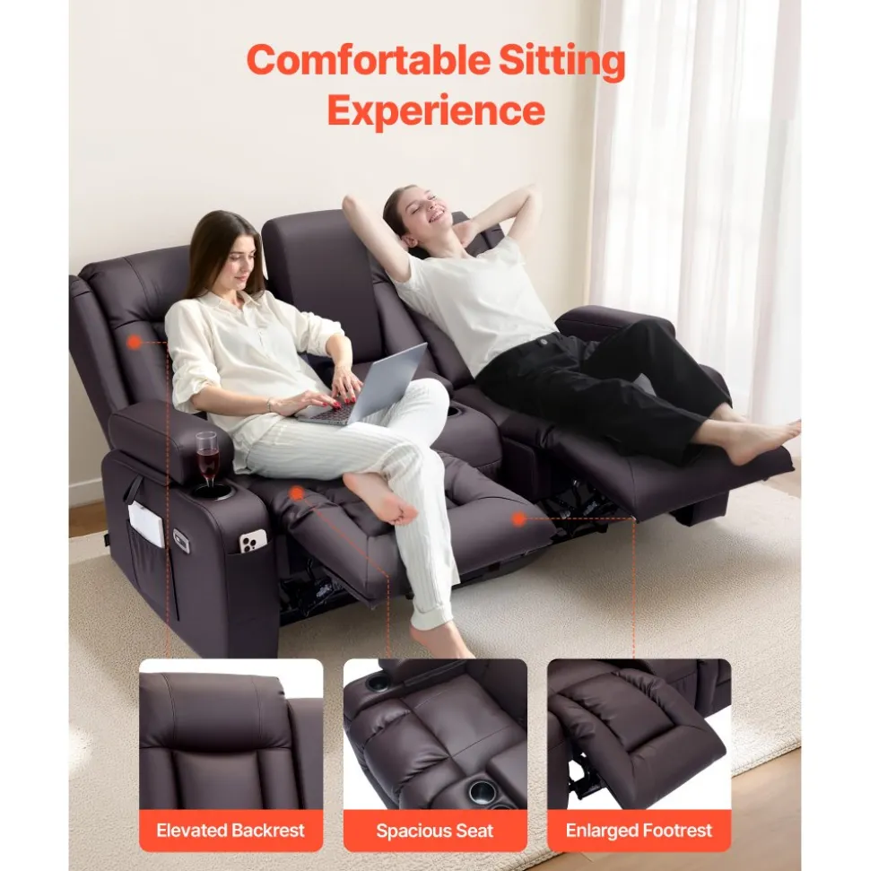 VEVOR Loveseat Recliner Sofa, Power Reclining Couch with Heating & Massage and Timer, PU Leather Electric Recliner Sofa with Center Console, USB Ports, Cup Holders and Side Bags for Living Room