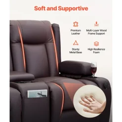 VEVOR Loveseat Recliner Sofa, Power Reclining Couch with Heating & Massage and Timer, PU Leather Electric Recliner Sofa with Center Console, USB Ports, Cup Holders and Side Bags for Living Room