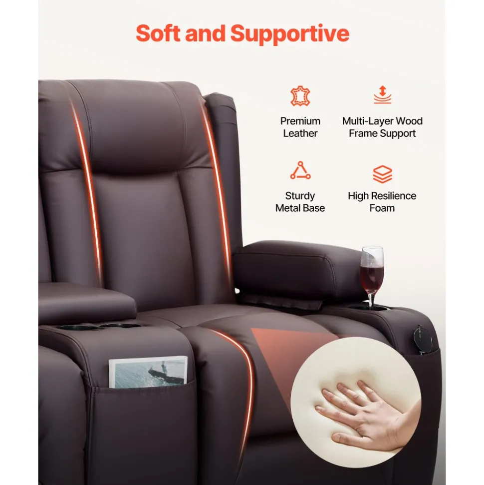 VEVOR Loveseat Recliner Sofa, Power Reclining Couch with Heating & Massage and Timer, PU Leather Electric Recliner Sofa with Center Console, USB Ports, Cup Holders and Side Bags for Living Room