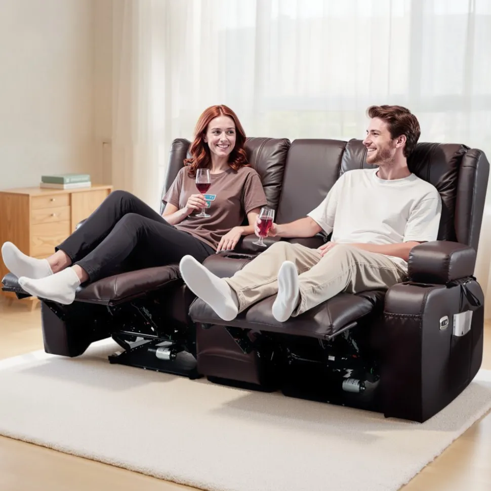 VEVOR Loveseat Recliner Sofa, Power Reclining Couch with Heating & Massage and Timer, PU Leather Electric Recliner Sofa with Center Console, USB Ports, Cup Holders and Side Bags for Living Room