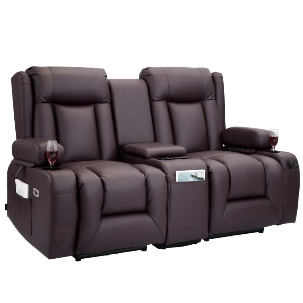 VEVOR Loveseat Recliner Sofa, Power Reclining Couch with Heating & Massage and Timer, PU Leather Electric Recliner Sofa with Center Console, USB Ports, Cup Holders and Side Bags for Living Room